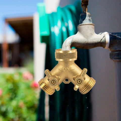 Solid Brass Garden Hose Splitter 2 Way Y Valve With Ergonomic Handles For Easy Grip, Perfect For Arthritis, Includes 2 Rubber Washers And Durable Brass Construction on outdoor faucet