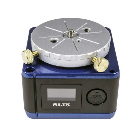 ECH 630 Compact Star Tracker For Backpacking Photogs with LCD menu and polar alignment, top view of blue and silver mount.