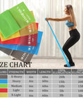 Color Coded Resistance Bands For Intense Workouts Physical Therapy Gym Strength Training Muscle Recovery Built For Pilates Yoga Beginners With Five Progressive Tension Levels to show five resistance levels and size chart.