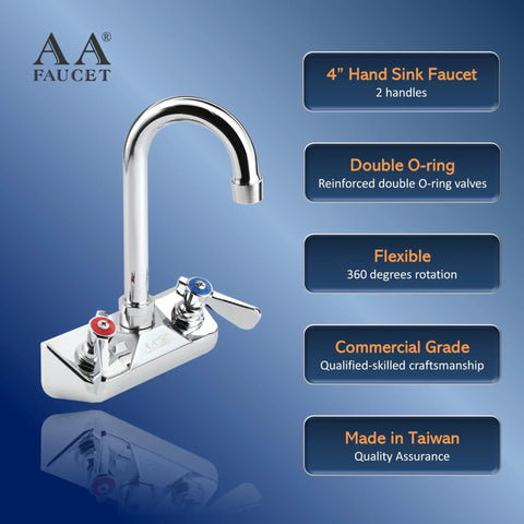 Wall Mount 4 Inch Gooseneck Hand Sink Faucet With Three And A Half Inch Spout, Heavy Duty Brass Construction, Chrome Polished Finish, Lever Handles Color Coded Red And Blue, NSF Approved For Restaurant Kitchen