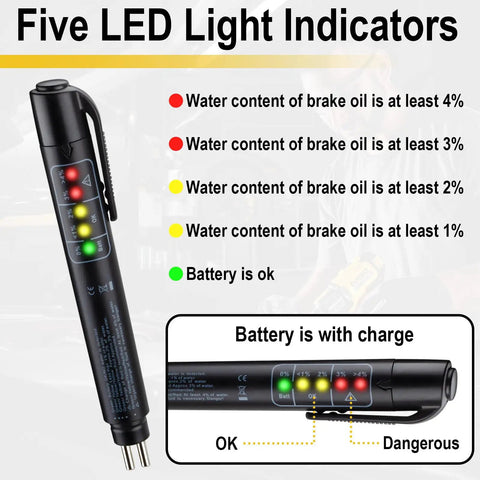 Brake Fluid Moisture Tester For Your Ride, Pro Grade Yet Pocket Sized, Frosted Plastic Shell With Rugged Nylon Inner Build, Fast Clear Readouts, Easy Check Before Every Cruise, Prevent Breaks From Water Damage And Corrosion. Five-LED brake fluid tester with clip and readings