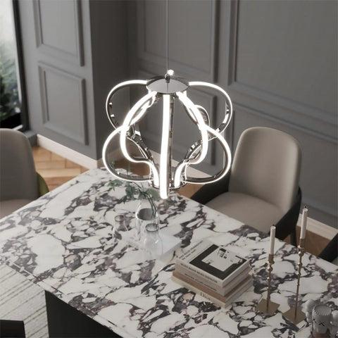 Modern LED Chandelier With Acrylic Design, Adjustable Hanging Ceiling Light over dining table, lit contemporary fixture