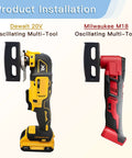 Front view of two cordless oscillating multi-tools with square-slot drywall cutters; DeWalt 20V (yellow) and Milwaukee M18 (red).
