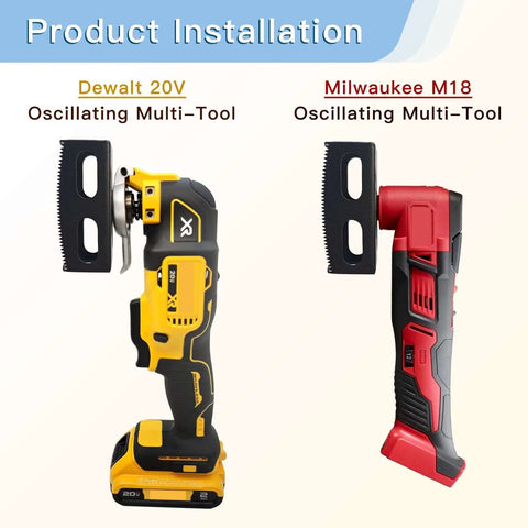 Front view of two cordless oscillating multi-tools with square-slot drywall cutters; DeWalt 20V (yellow) and Milwaukee M18 (red).