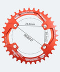 Red asymmetrical 96BCD chainring labeled with dimensions for Shimano XT SLX M6000 M7000 M8000 M9000 MTB 30T 38T tooth