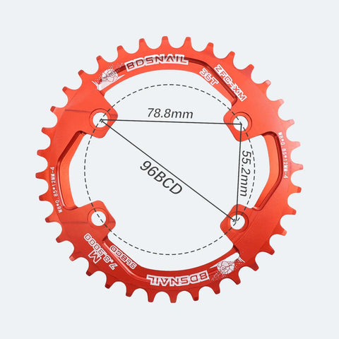 Red asymmetrical 96BCD chainring labeled with dimensions for Shimano XT SLX M6000 M7000 M8000 M9000 MTB 30T 38T tooth