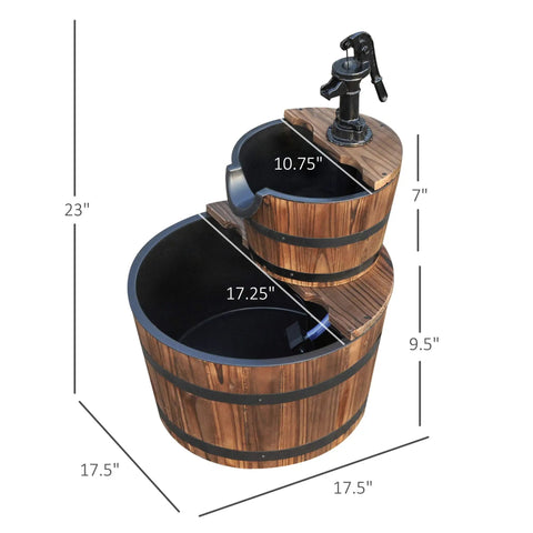 Go-To Wood Freestanding Two Tier Waterfall Barrel Fountain with Electric Pump for Garden Decor, classic faucet design.