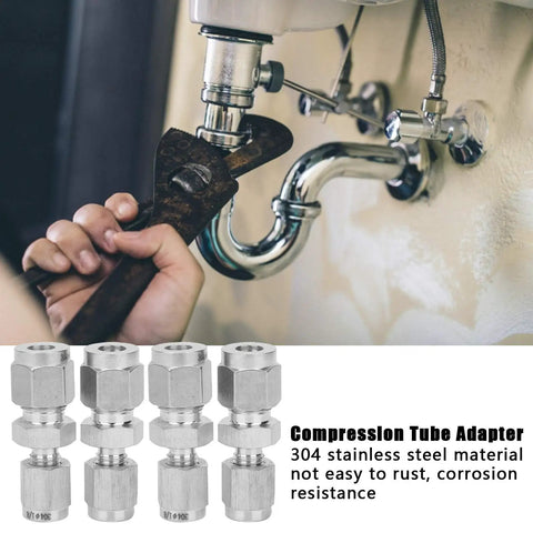 4Pack 304 Stainless Steel Compression Fittings Straight Double Ferrule Tube Adapter 1/8Inch To 1/4Inch Pipe Reducer Connector in use with a wrench
