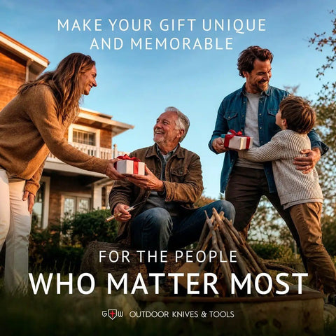 Family exchanging gifts outdoors, emphasizing memorable gifts with outdoor knives and tools branding.