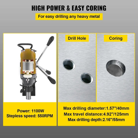 Super Heavy Duty Magnetic Drill Press Electric Bench Rig 1200W For Steel Structure Engineering, features drill hole specs and operation tips.