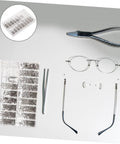 Sturdy Eyeglass Repair Screws Kit With Handy Storage Box For Sunglasses And Glasses Quick Fixes And Maintenance On The Go Includes Multiple Screw Types Nuts And Nose Pads For Any Eyewear displayed with repair tools and eyeglass parts.