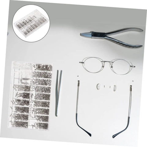 Sturdy Eyeglass Repair Screws Kit With Handy Storage Box For Sunglasses And Glasses Quick Fixes And Maintenance On The Go Includes Multiple Screw Types Nuts And Nose Pads For Any Eyewear displayed with repair tools and eyeglass parts.