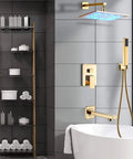 Slick Wall Mount Shower Kit With Led Glow And Tub Spout Boasting Crisp Square Rainfall Head in modern bathroom setting.