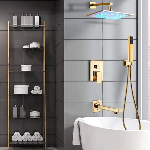 Slick Wall Mount Shower Kit With Led Glow And Tub Spout Boasting Crisp Square Rainfall Head in modern bathroom setting.