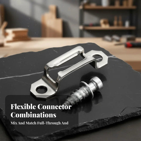 Heavy Duty Invisible Furniture Connectors For Cabinet Assembly And DIY Woodworking 100 Pcs Silver joint clamp with screw on black surface.