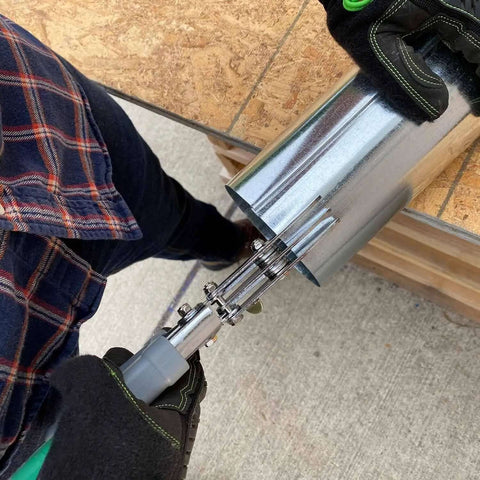 Action shot of Five Blade Sheet Metal Crimping Tool With Soft Grip Handles And Safety Lock used on ductwork