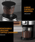 Straight Up Smooth Electric Conical Burr Coffee Grinder Sporting 30 Precision Adjustments with large hopper and removable chamber.