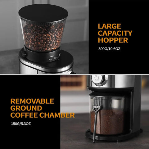 Straight Up Smooth Electric Conical Burr Coffee Grinder Sporting 30 Precision Adjustments with large hopper and removable chamber.