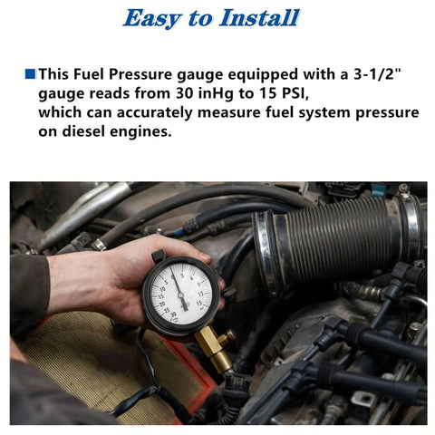 Duramax Diesel Fuel Pressure Tester Gauge Kit With Quick Coupler 30 inHg To 15 PSI Range 6 Ft Hose For GM Duramax 6.6L Diesel Fuel System Diagnostics And Troubleshooting, 3-1/2" gauge in engine bay