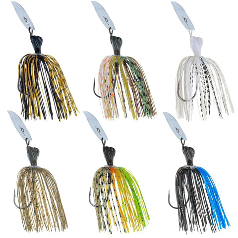 Weedless Bass Jig With Bladed Vibration Tech For Pike Walleye Muskie Six Color Lures Set, Three Eighths Of An Ounce Each