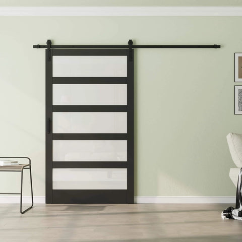 48 Inch Glass Sliding Barn Door Kit With 8 Ft Track, 5 Panel Frosted Glass, Black Frame installed in modern interior