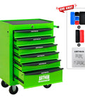 Heavy Duty 21 Inch Lockable Rolling Tool Cabinet With Ball Bearing Slides Sturdy Steel Worktop And Park Lock Casters For No Fuss Garage Organization Green with drawers and tools.