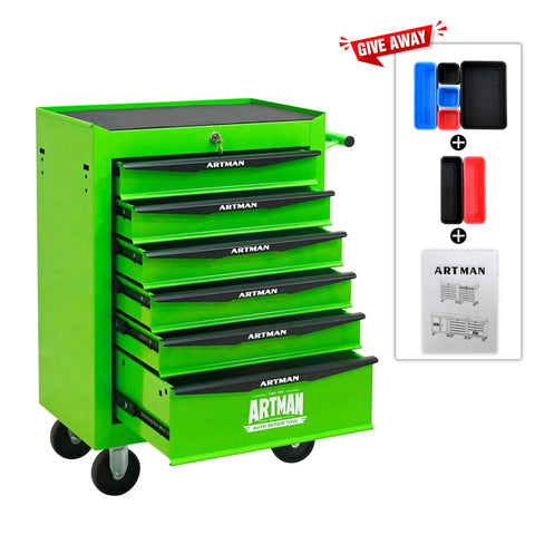 Heavy Duty 21 Inch Lockable Rolling Tool Cabinet With Ball Bearing Slides Sturdy Steel Worktop And Park Lock Casters For No Fuss Garage Organization Green with drawers and tools.