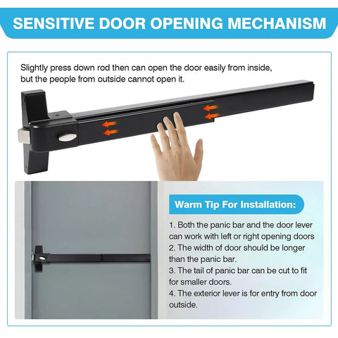 Illustration of Black Panic Bar Exit Device 27.5 Inch With Exterior Lever for wood and metal doors showing operation and installation tips.