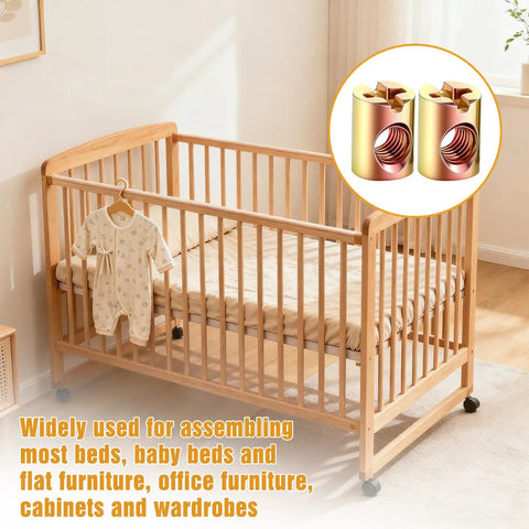 Wooden crib with hanging baby outfit, featuring 10 Piece M6 Barrel Nut Set Slotted Barrel Cross Dowel Nuts for furniture assembly.