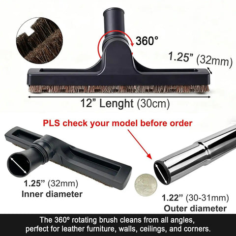 16 Piece Universal Vacuum Attachments Kit For Shop Vac Accessories With 12-inch rotating brush, 1.25-inch diameter shown.