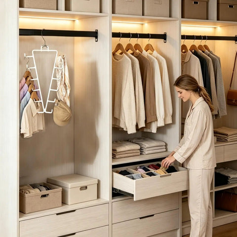 Game Changing Dual Side Closet Hanger With Twelve Rotating Hooks For Organizing Belts Scarves Ties And Gear in a modern closet.