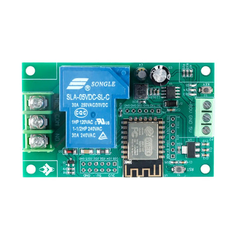 One Channel ESP8266 WiFi Relay Board With ESP 12F 30A Relay And Optocoupler Isolation For Smart Home Wireless Control Development Module Perfect For Remote Automation Powered By DC 7 To 28 V Or 5 V Supply. Green PCB with 30A relay and screw terminals