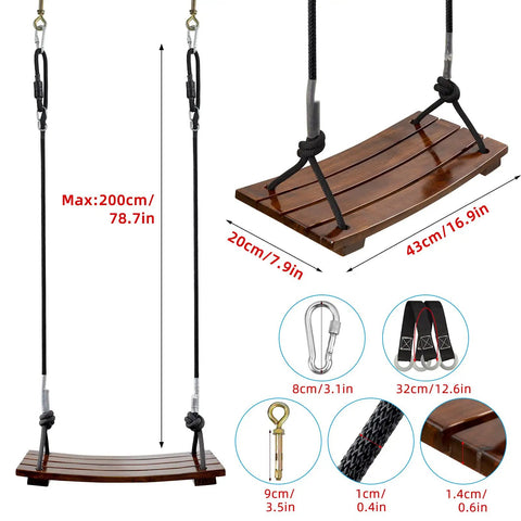 Heavy Duty Wood Swing Seat Carbonized Outdoor Swing For Adults And Kids, 16.9 By 7.9 By 0.5 Inches, 440 Lb Load, shown with rope and hardware