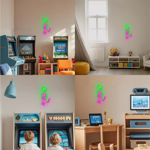 Car Neon Sign LED Neon Light For Bedroom And Bar glowing on wall decor in game room with arcade machines and colorful setup.