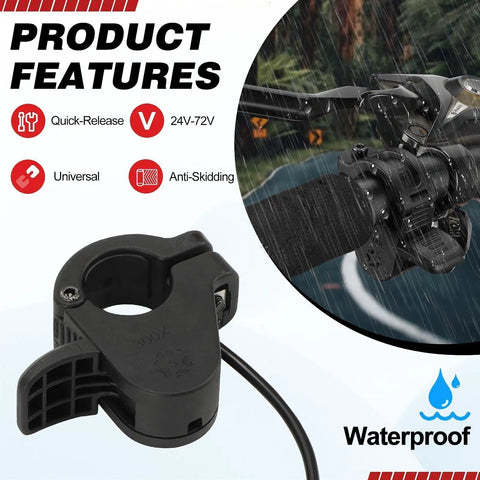 300X Thumb Throttle For Ebike Scooter And Electric Trike Universal 3 Pin Waterproof Connector Fits 24V 36V 48V 60V 72V Left Or Right Handlebar Easy Install No Grip Removal black waterproof thumb throttle close-up on handlebar