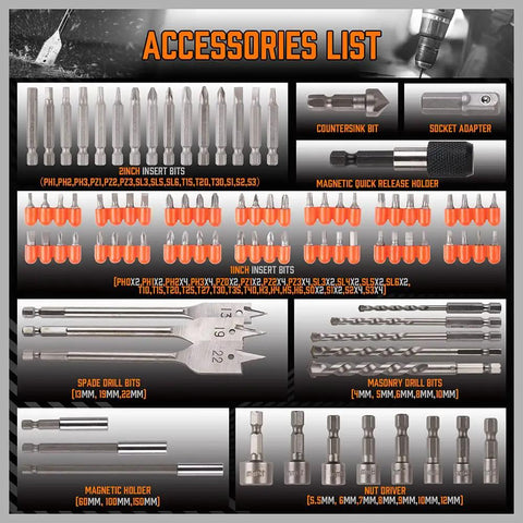 Impact Drill Bit Set 112 Piece With One Fourth Inch Hex Shank For Impact Drivers And Screwdrivers Includes Wood Metal Cement Bits