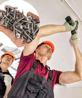 Heavy-Duty 410 Stainless Self-Tapping Screws Set With Flat Head Phillips Self-Drilling workers installing screws into ceiling