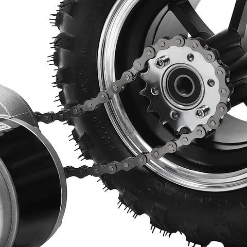 Close-up of 10 Inch Motor Drive Air Wheel Conversion Kit With 250W 24V Electric Cart Scooter Motor, chain and sprocket