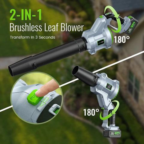 Cordless Leaf Blower With 680 CFM, 2x 4.0Ah Batteries, rotatable 180-degree handle, close-up of adjustment button.