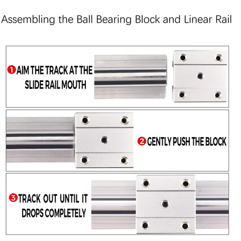 20mm Linear Bearing Block Set, 2 Pack For SBR20 Rail, Open Slide Bearing Blocks Made Of Aluminum And Engineering Plastic, CNC Router Part, Maintenance Free, Rust Dust Proof, Quiet, High Temp Ready, Built Tough shown on linear rail assembly steps