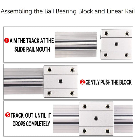 Assembly steps for 4 Pack SBR20 UU Bearing Blocks For 20mm Open Sliding Blocks showing alignment and insertion on linear rail.
