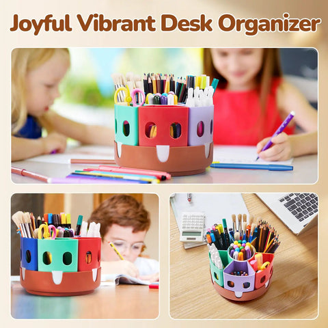 Rotating Art Supply Storage Organizer With 360 Degree Spin Base Kid Friendly Craft Caddy For Classrooms And Desks Home School Organization Art Center Storage And Office Desk Organizer on table with colorful pens and pencils