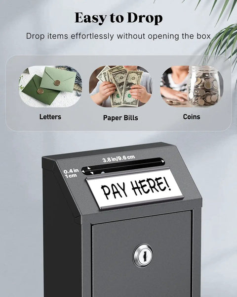 Locking Money Box For Cash Tips And Payments, Wall Mount Mailbox With Magnetic Label Holder, Key Drop Box