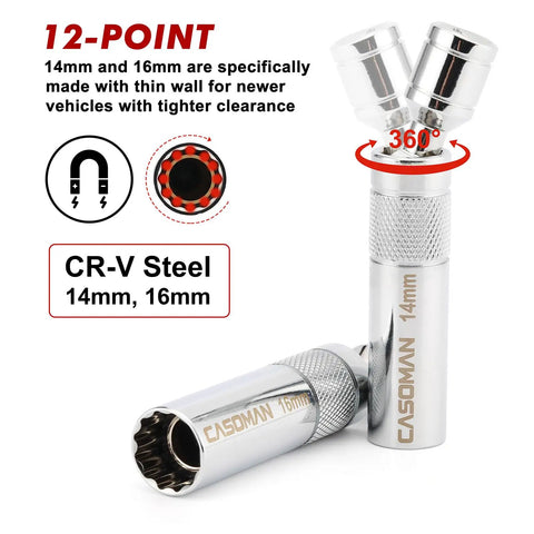 Magnetic Spark Plug Socket Set For 3/8 Inch Drive, 10 Piece Must-Have Kit with 12PT CR-V Steel Sockets, 14mm and 16mm sizes