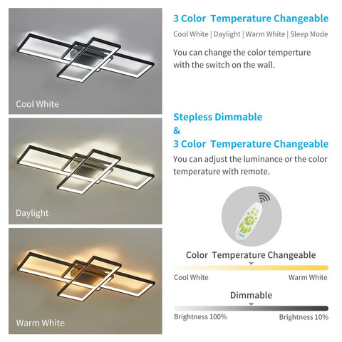 Black Modern Square LED Ceiling Light With Remote Dimmable 60W Built In Array showing color temperature control options.