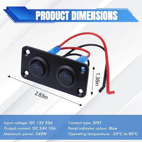 Diagram showing dimensions of Dual Gang Rocker Switch Panel 12V And 24V 10A Waterproof Automotive On Off Switches With Blue LED Indicator