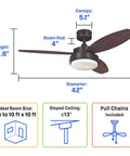 Diagram of Dope 42 Inch LED Ceiling Fan with Light Kit in Oil Rubbed Bronze, showing dimensions and features like pull chains.