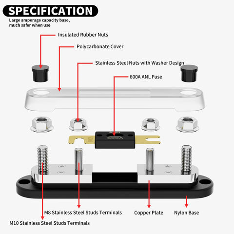 Detailed view of Top Notch ANL Fuse Holder Set Loaded With 600A Fuse And M10 Stud Terminals, showing components.