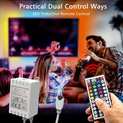 Hands holding 44-key remote controller for LED Lights For Bedroom 50 Feet RGB Color Changing Strip Kit in indoor setting.