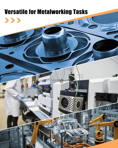 Machines and equipment used in metalworking tasks and automobile assembly line, highlighting versatility of tools.